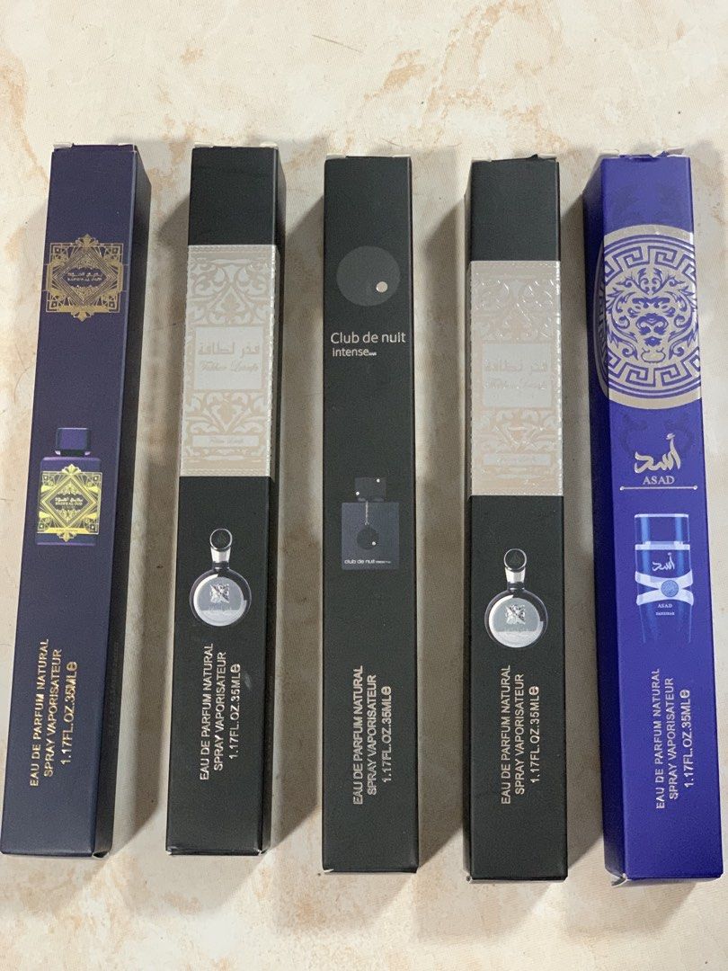 Various 35ml original perfume for sale 850 each (Category: Fragrance & Deodorants) located in Manila. Submitted by zealocean.4c3a50 (Listing ID 1469873725, Image 2). Description: -850 Each perfume -10 travel-size perfume sprays in popular and trending scents - Brands and fragrances include Eclaire, Club de Nuit, Fakhar Lattafa, and Asad Zanzibar - Volume: 35ml (1.17 fl. oz.) eau de parfum natural spray per bottle - Condition: 100% brand new, unop