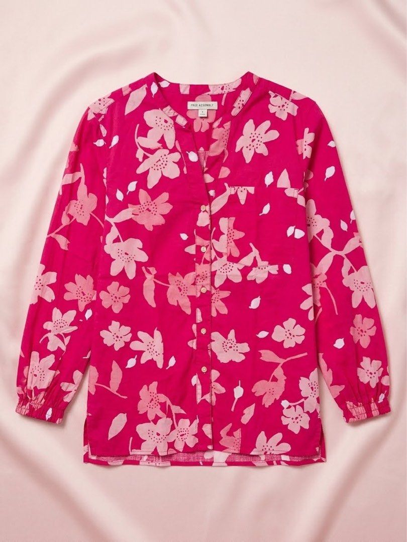 Free Assembly Floral Print Button-Down Blouse (Category: Blouses) located in Balanga. Submitted by jamilbeauty5 (Listing ID 1469818610, Image 1). Description: Free Assembly Floral Blouse, Pink Floral Long Sleeve, Cotton Split Neck Top, US Brand Blouse, Bright Summer Casual Top Large Has vibrant color, worn once, no issues- excellent condition; bought in US walmart store.