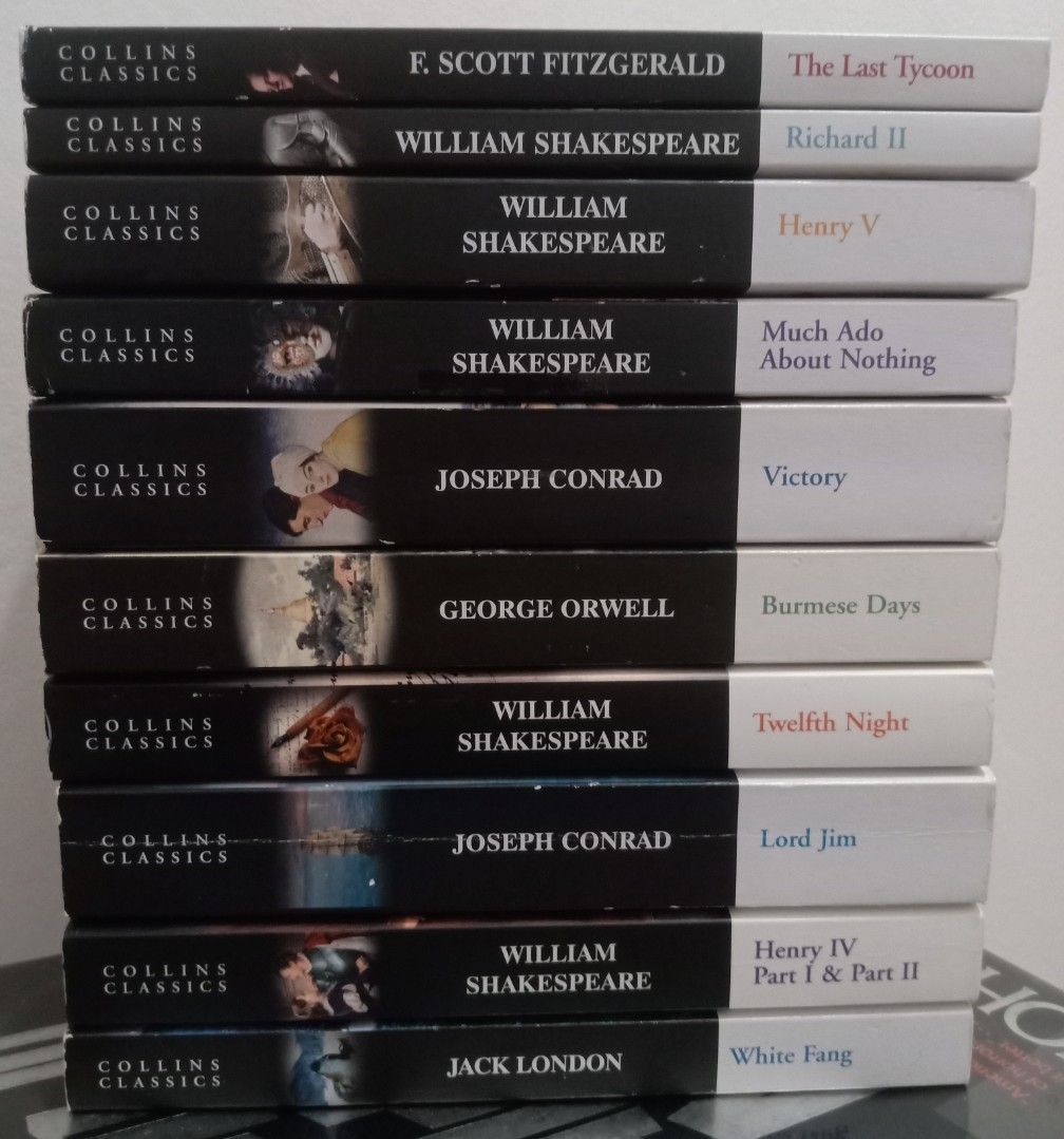 Collins Classics Book Bundle - Shakespeare, Fitzgerald, Orwell, Conrad (Category: Storybooks) located in Bacolor. Submitted by appletun (Listing ID 1464251271, Image 1). Description: used books in readable condition. please expect signs of wear associated with used books (such as foxing, tanning, creasing, etc.). feel free to make an offer, and/or view my profile for other listings :) loc: bacolor, pampanga. mop: gcash only. no sco/cod/cop. handl