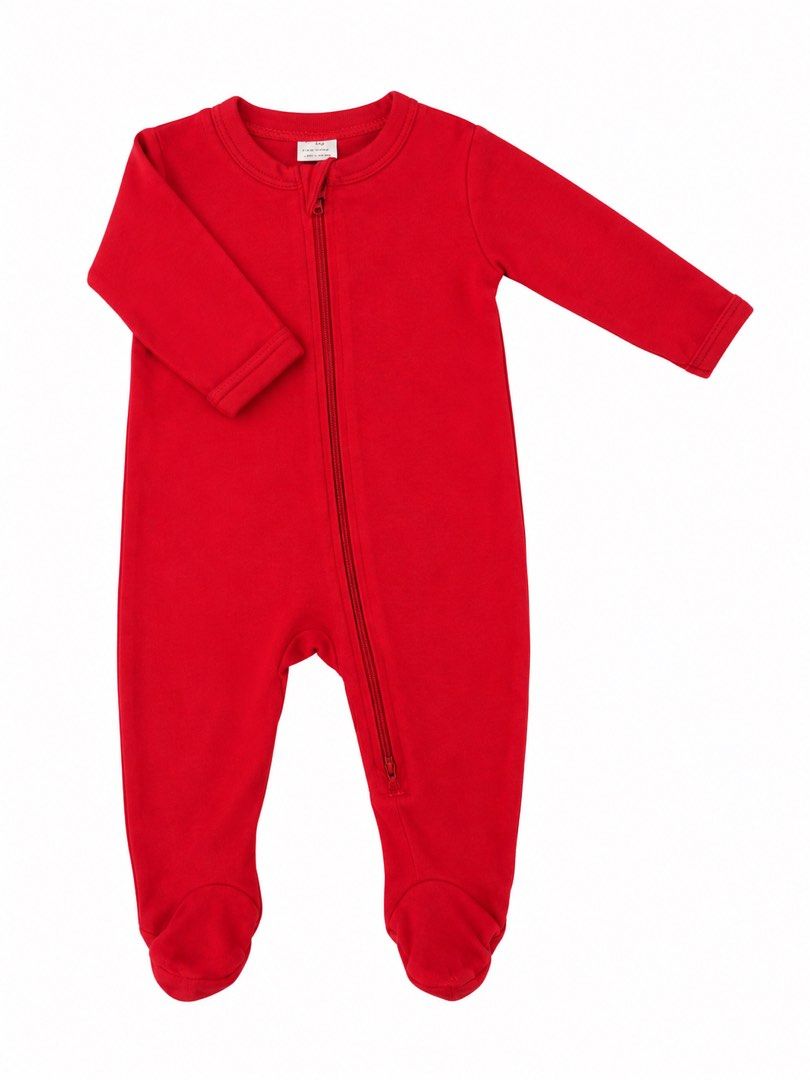 Frogsuit (2 way zipper, 0-3M) (Category: Babies & Kids Fashion) located in Angeles City. Submitted by aeapreloved (Listing ID 1469938294, Image 2). Description: ❤️ Preloved Baby Sleepsuit – Red • Long sleeves with built-in mittens • Built-in foot covers • Front zipper for easy diaper changes • Soft and comfy fabric.
