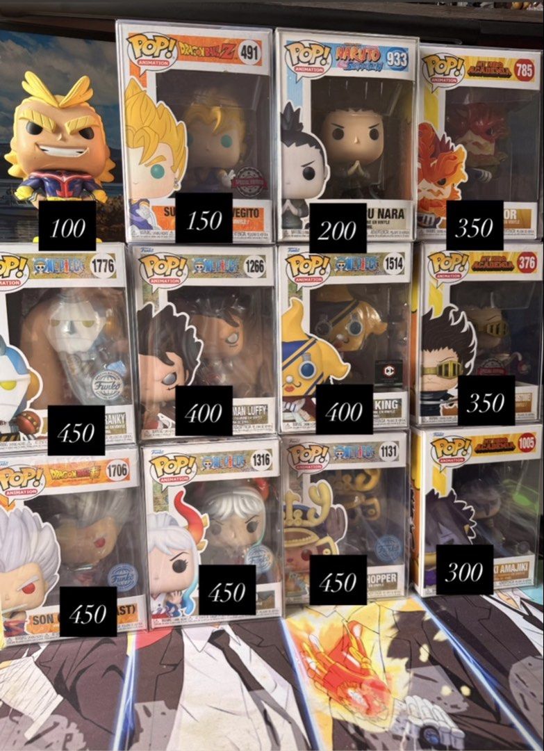 Funko Pop Anime Figures (Category: Figurines & Statues) located in Manila. Submitted by andross09 (Listing ID 1469776929, Image 1). Description: - Authentic Anime Funko Pop vinyl figures available - Characters: All Might, Super Saiyan Vegito, Shikamaru Nara, Endeavor, Franky, Gear Four Luffy, King, Shota Aizawa, Goku Black SS Rosé, Yamato, Chopper, and Tamaki Amajiki - Individual prices range from 100 to 450 (checked via black tags) - Pop protect