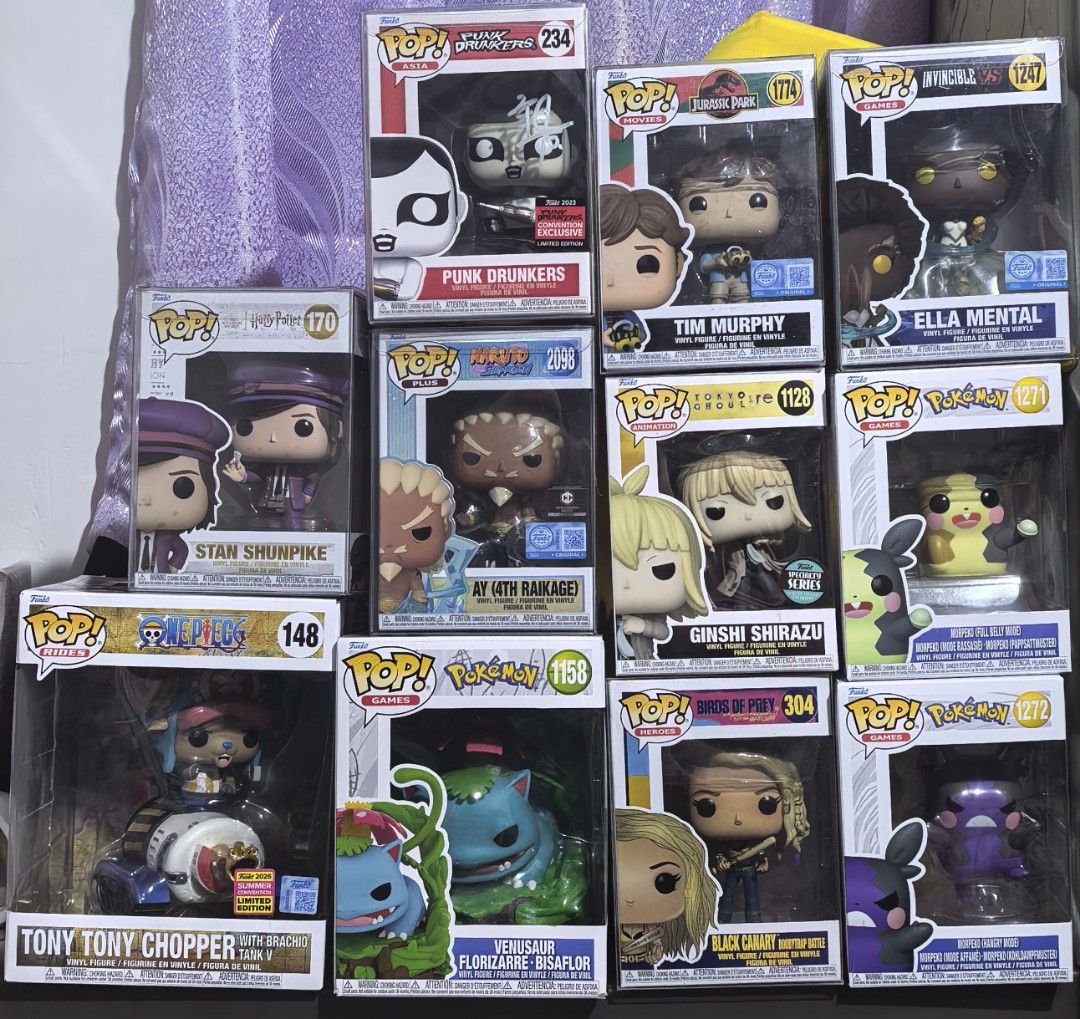 Funko PopSuey (Category: Action & Battle Toys) located in Las Pinas. Submitted by goldchrome25 (Listing ID 1469932649, Image 1). Description: Lot Sale! #1247 Ella Mental (SE) #2098 Ay 4th Raikage (CC & SE) #1774 Tim Murphy (SE) #234 Punk Drunker (PDE Signed) #304 Black Canary #170 Stan Shunpike #1158 Venusaur #148 Tony Tony Chopper #1128 Ginshi Shirazu #1271 Morpeko #1272 Morpeko (Hangry Mode) PS: Ella Mental - Minor dirt/stain on top of the box.