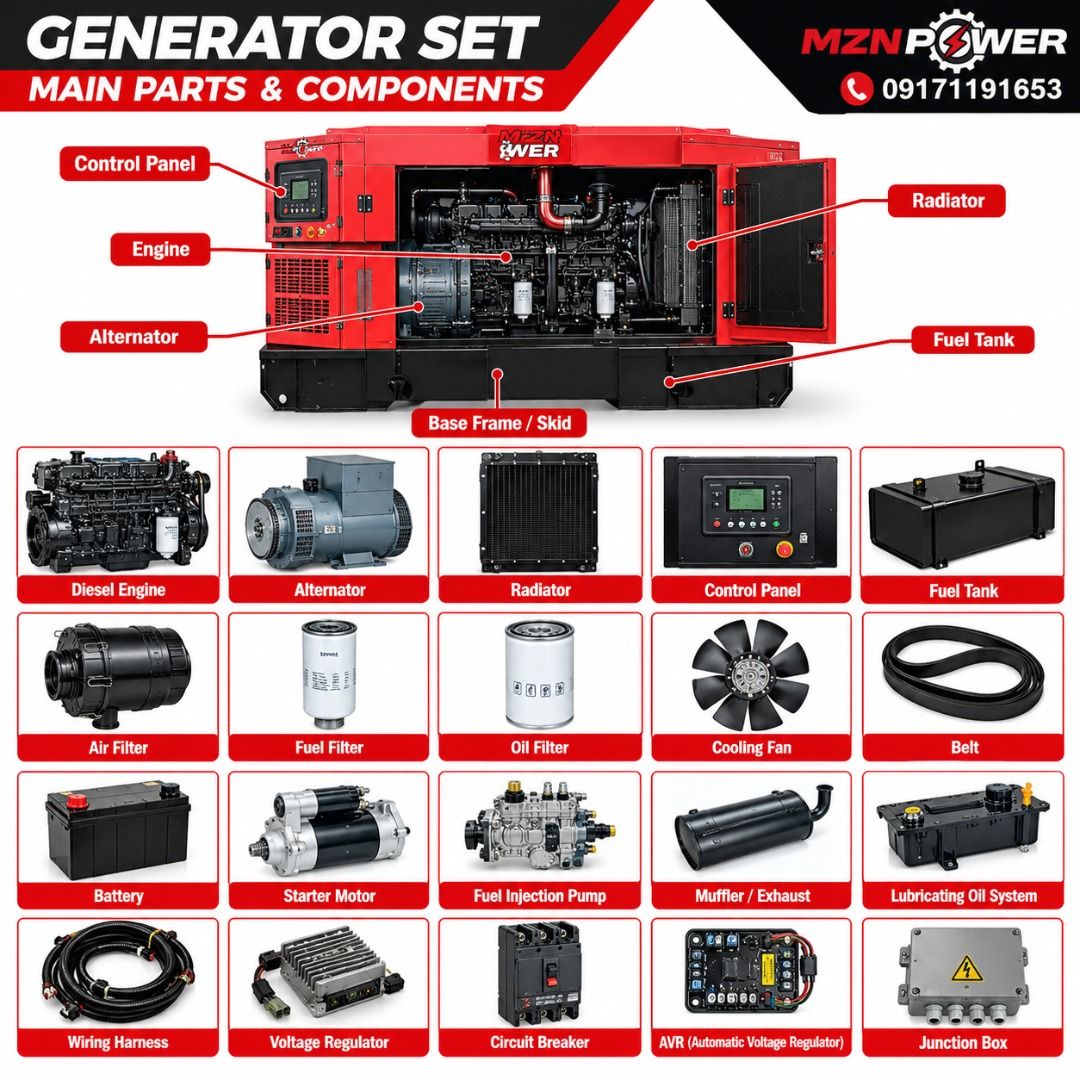 Generator Sets/ Spare Parts Available HERE! (Category: Construction Tools & Equipment) located in Talisay. Submitted by generatordepotbymae (Listing ID 1469766656, Image 1). Description: ⚡ KNOW YOUR GENERATOR: MAIN PARTS & COMPONENTS! 🔧⚙️ At MZNPOWER, we believe that understanding your generator is the first step toward reliable power and proper maintenance! 💪🔋 From the Diesel Engine, Alternator, Radiator, and Control Panel to filters, fuel sy