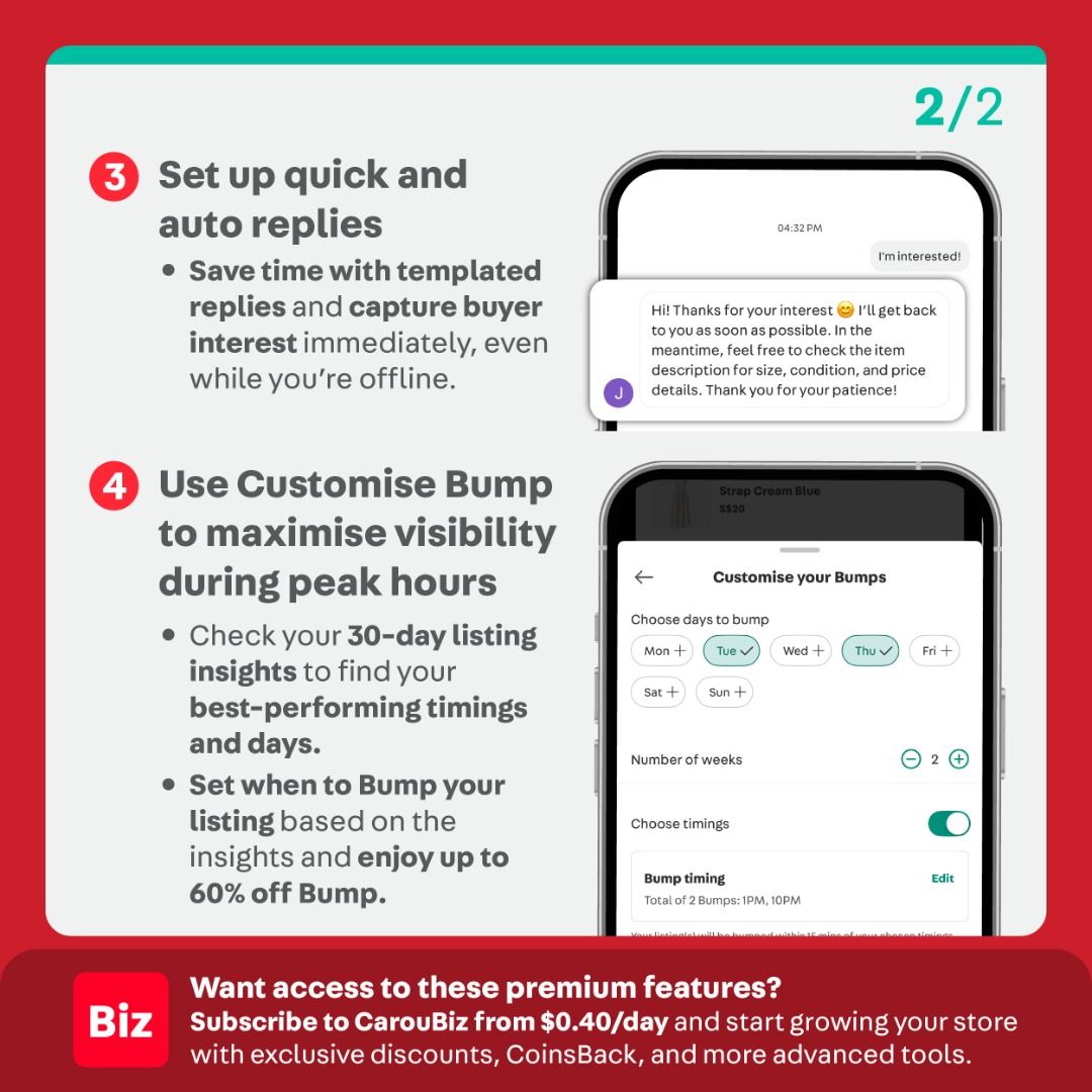 Give Your Listing a Fresh Start ✨ (Category: Announcements) located in Singapore. Submitted by carousell_promote (Listing ID 1469182317, Image 8). Description: Peak buying season is here! 🔥 Refresh your listing to attract more buyers with these 4 simple tips: ✅ Update your photos with clear images from different angles ✅ Adjust your price to match your category's usual range ✅ Refine your title and description with key product details ✅ Offer mo