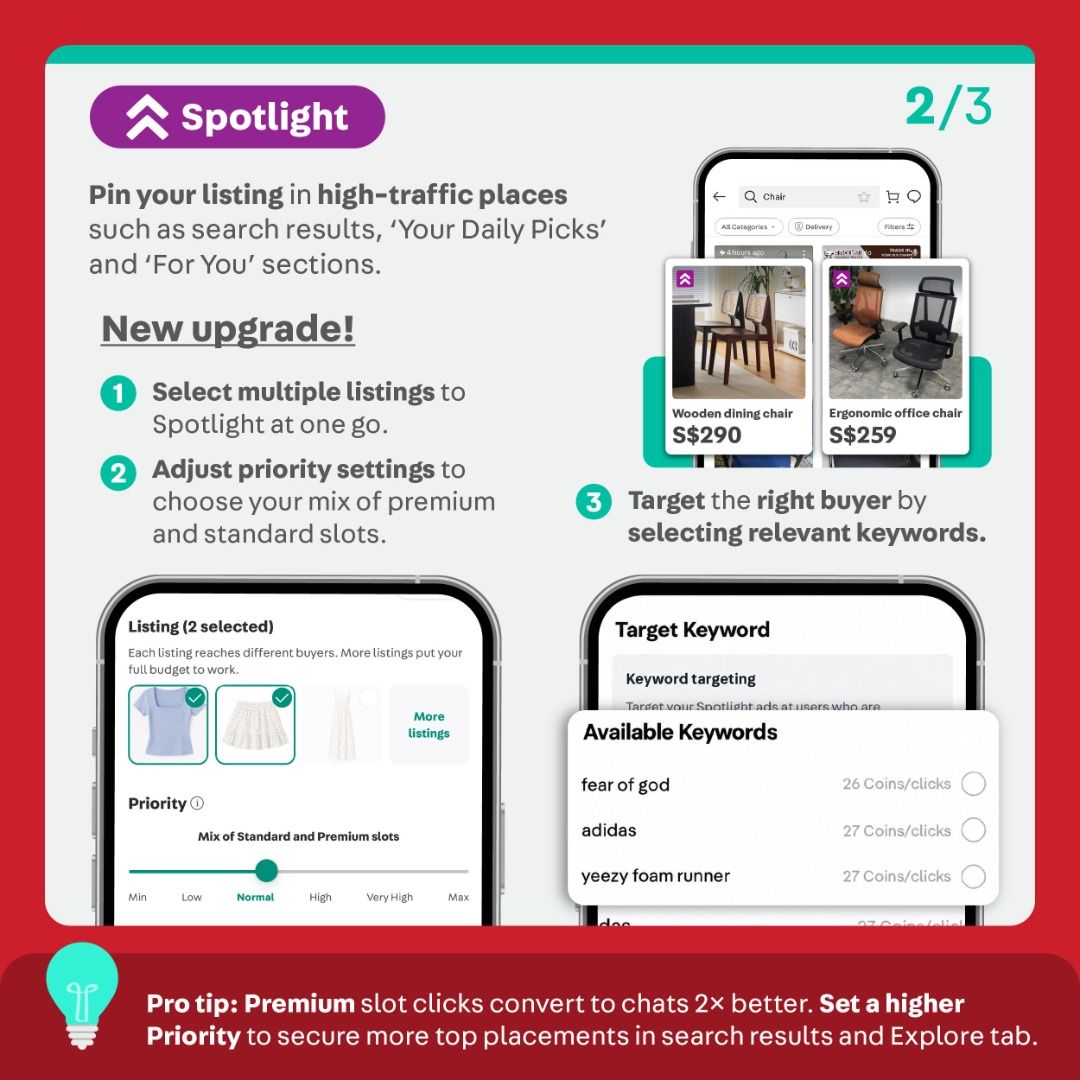 Give Your Listing a Fresh Start ✨ (Category: Announcements) located in Singapore. Submitted by carousell_promote (Listing ID 1469182317, Image 5). Description: Peak buying season is here! 🔥 Refresh your listing to attract more buyers with these 4 simple tips: ✅ Update your photos with clear images from different angles ✅ Adjust your price to match your category's usual range ✅ Refine your title and description with key product details ✅ Offer mo