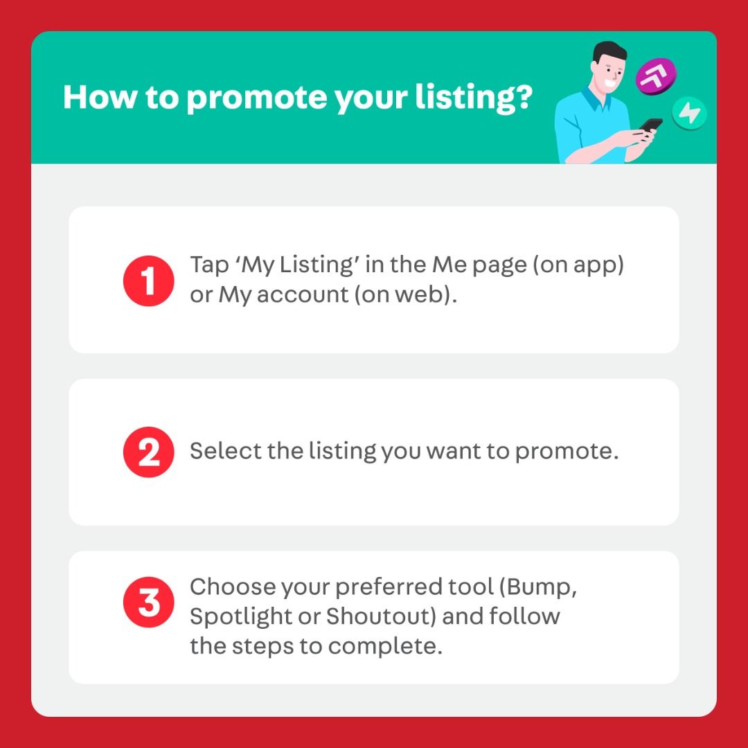 Give Your Listing a Fresh Start ✨ (Category: Announcements) located in Singapore. Submitted by carousell_promote (Listing ID 1469182317, Image 10). Description: Peak buying season is here! 🔥 Refresh your listing to attract more buyers with these 4 simple tips: ✅ Update your photos with clear images from different angles ✅ Adjust your price to match your category's usual range ✅ Refine your title and description with key product details ✅ Offer m