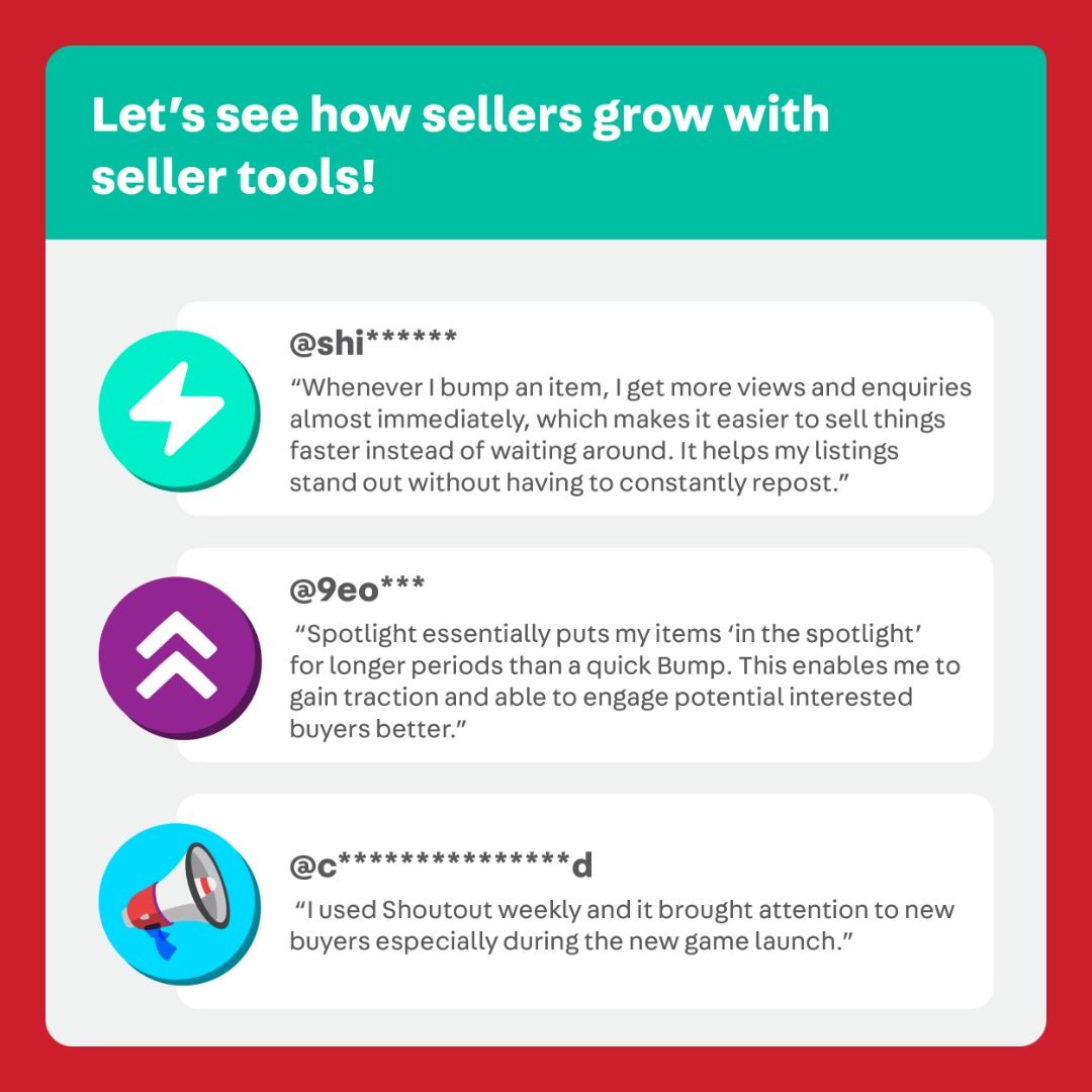 Give Your Listing a Fresh Start ✨ (Category: Announcements) located in Singapore. Submitted by carousell_promote (Listing ID 1469182317, Image 9). Description: Peak buying season is here! 🔥 Refresh your listing to attract more buyers with these 4 simple tips: ✅ Update your photos with clear images from different angles ✅ Adjust your price to match your category's usual range ✅ Refine your title and description with key product details ✅ Offer mo