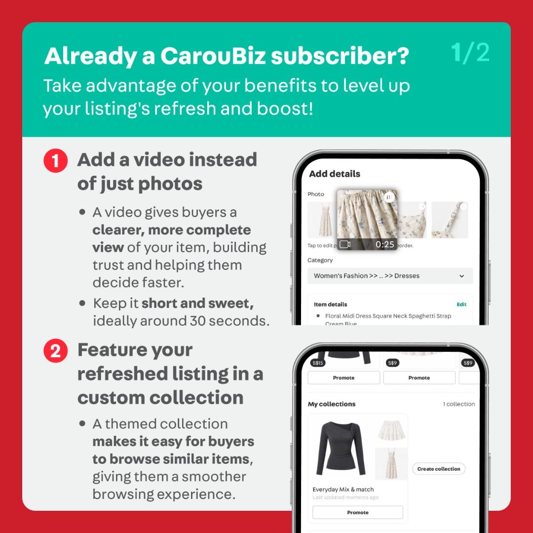 Give Your Listing a Fresh Start ✨ (Category: Announcements) located in Singapore. Submitted by carousell_promote (Listing ID 1469182317, Image 7). Description: Peak buying season is here! 🔥 Refresh your listing to attract more buyers with these 4 simple tips: ✅ Update your photos with clear images from different angles ✅ Adjust your price to match your category's usual range ✅ Refine your title and description with key product details ✅ Offer mo