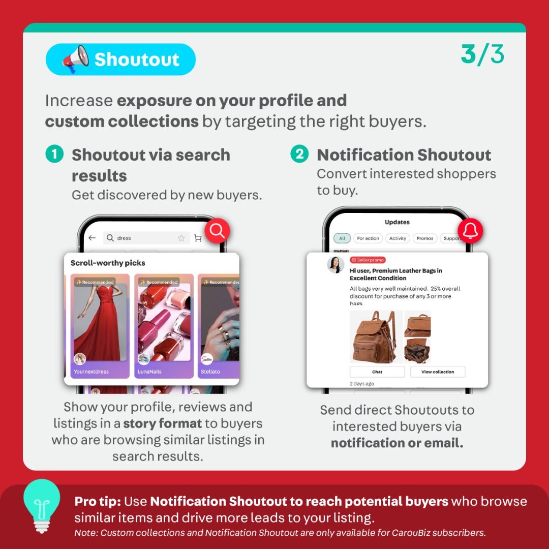 Give Your Listing a Fresh Start ✨ (Category: Announcements) located in Singapore. Submitted by carousell_promote (Listing ID 1469182317, Image 6). Description: Peak buying season is here! 🔥 Refresh your listing to attract more buyers with these 4 simple tips: ✅ Update your photos with clear images from different angles ✅ Adjust your price to match your category's usual range ✅ Refine your title and description with key product details ✅ Offer mo