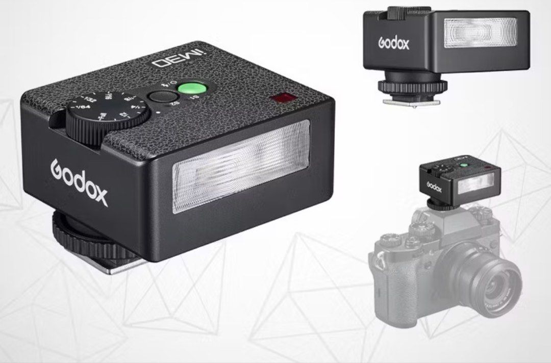 Godox iM30 Camera Flash (Category: Flashes) located in Bacoor. Submitted by annecaves (Listing ID 1469897555, Image 1). Description: - Model: Godox iM30 Mini Camera Flash - Design: Compact square body with a stylish textured black finish - Control: Manual power adjustment dial and handy green test button - Compatibility: Universal hot shoe mount, ideal for mirrorless and vintage-style cameras - Portability: Lightweight and easy to carry for on-th