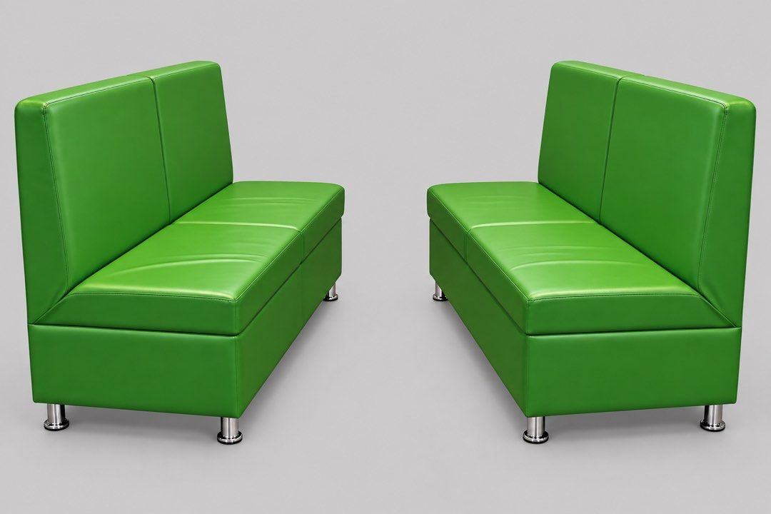 Green leather diner booths with chrome legs (Category: Sofas) located in Pagsanjan. Submitted by wenchtrov (Listing ID 1469882139, Image 1). Description: - Type: Pair of restaurant booths / diner seating - Material: Bright green synthetic leather with clean seam stitching - Comfort: High backrests with dual vertical cushion sections and thick padded seats - Base: Polished silver chrome metal feet for elevated style - Ideal for: Cafes, diners, res