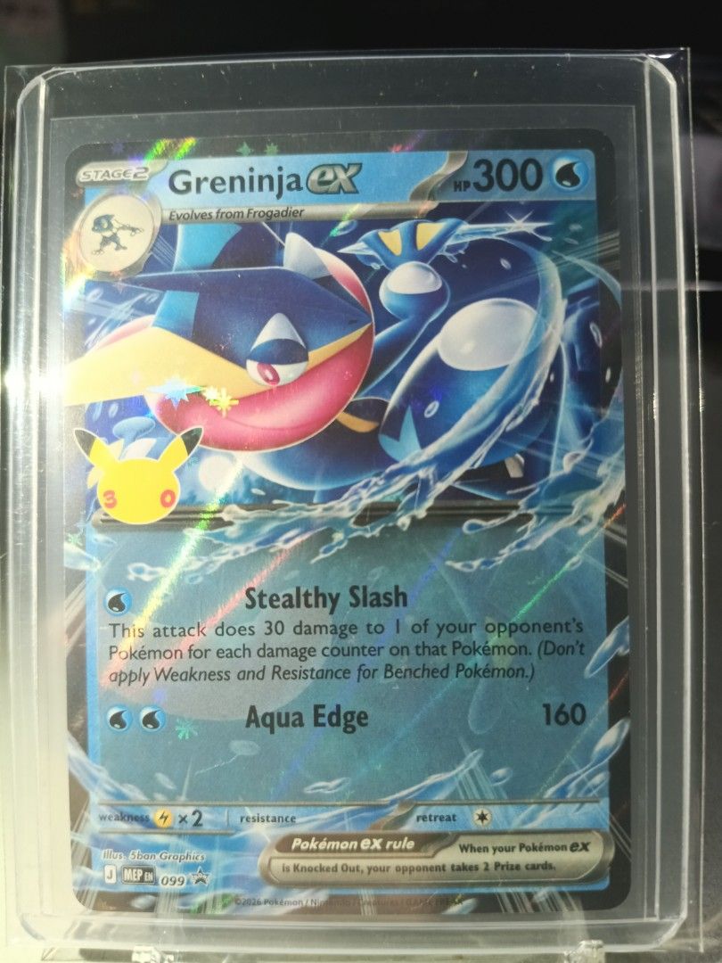 Greninja 099 (Category: Raw Singles) located in General Trias. Submitted by hobbyshare19 (Listing ID 1469822341, Image 1). Description: WTS (Want to Sell) • Character Name: Greninja ex (Promo) • Card Code: MEP 099 • Rarity: Promo • Set: 30th Celebration Promos • Condition: Near Mint (Kept in OPP plastic + toploader + toploader sleeve) • Price: ₱175 • Location: General Trias, Cavite • Transaction: Meetup nearby or shipping.
