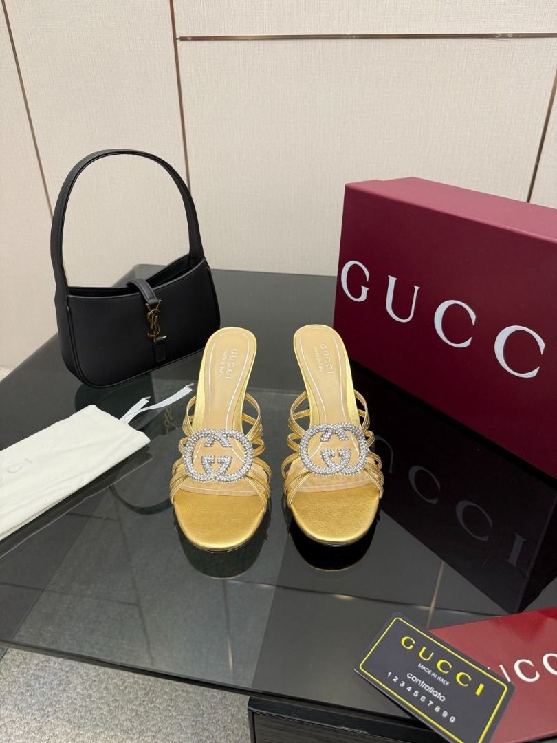 GUCC Double G Crystal Slippers（from china) (Category: Heels) located in Muntinlupa City. Submitted by bravelion-c40a7f (Listing ID 1469903647, Image 1). Description: GUCC Double G Crystal Slippers The material is made of calf patent leather The inner lining and footbed are all lambskin Italian imported leather sole Sizes: 35-39.