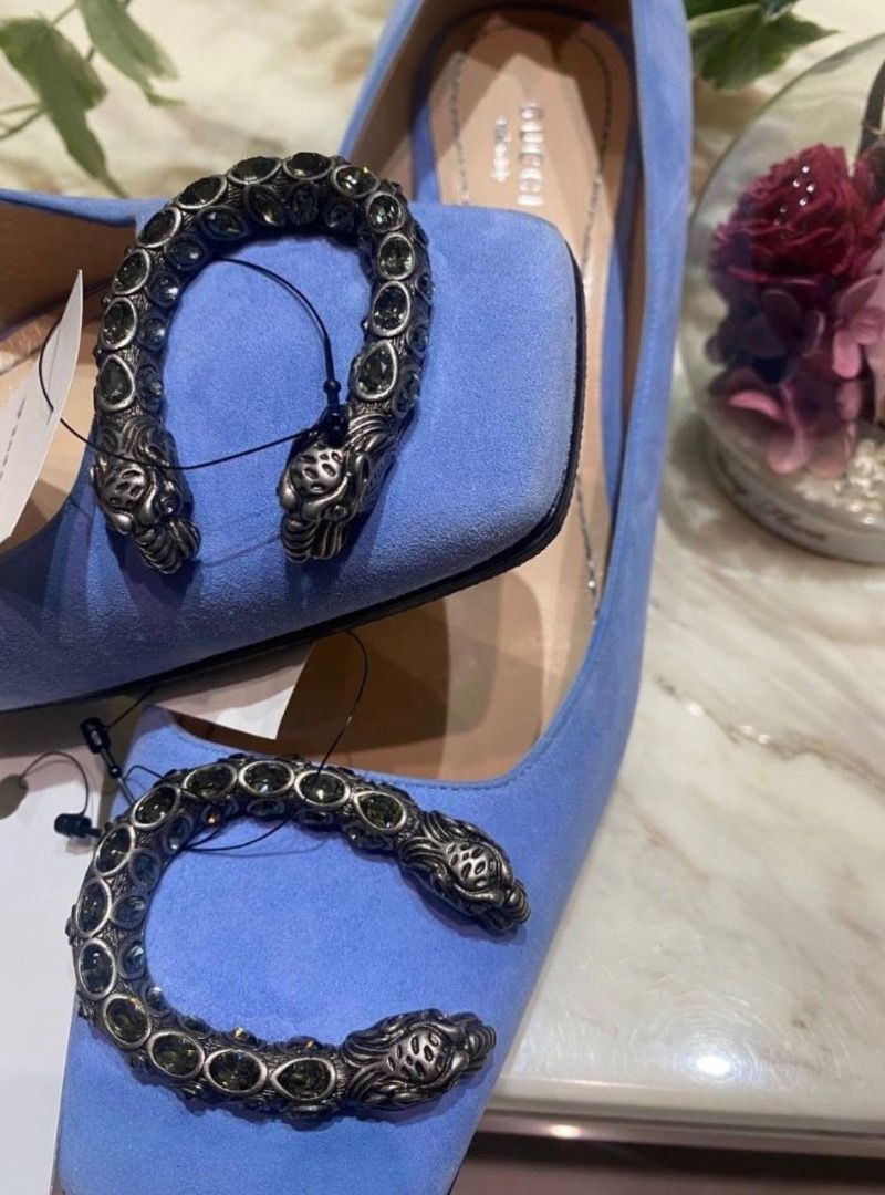 GUCCI Dionysus Embellished Square Light Blue Heels (Category: Sneakers & Footwear) located in Quezon City. Submitted by lavishly.ph (Listing ID 1469760490, Image 3). Description: - Brand: Gucci - Style: Kitten heel pumps with square toe - Material: Blue suede with leather sole (rubber protector added) - Embellishment: Crystal-embellished metal snake buckle - Size: 37.5 (Made in Italy) - Inclusion: Comes with box, dust bag, installed sole protecto