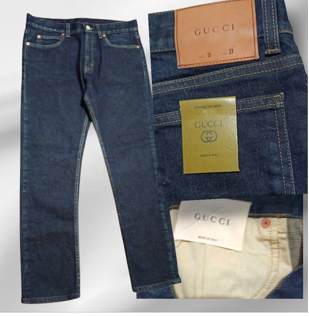 Gucci Straight Cut Jeans Size 27 (Category: Jeans) located in Paranaque City. Submitted by calm_youngstore7 (Listing ID 1469843142, Image 3). Description: 70% OFF RETAIL! LAST PIECE SALE! - Brand: Gucci - Style: Dark blue denim straight cut jeans - Size: 27 - Details: Classic five-pocket styling, contrast stitching, and branded hardware - Branding: Leather patch on back waist, green paper tag, and internal woven label - Origin: Made in Italy - Co