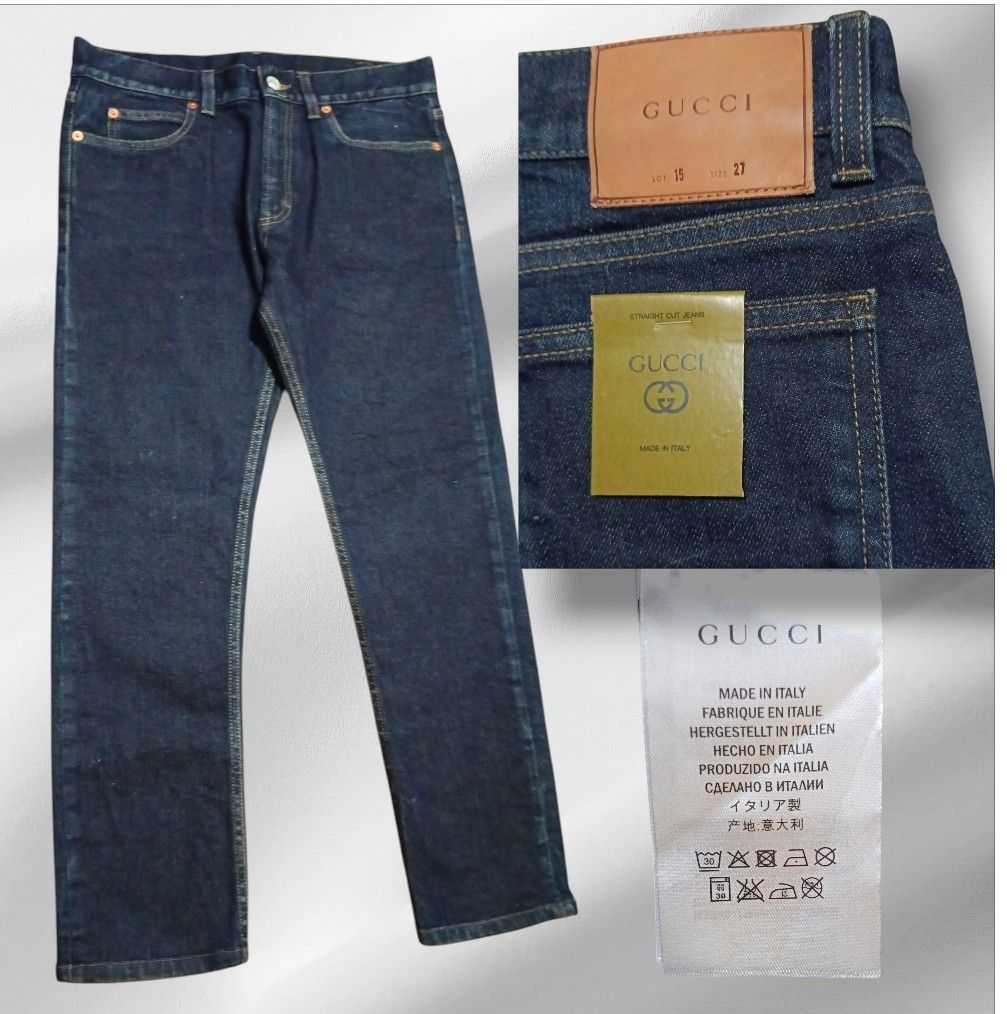 Gucci Straight Cut Jeans Size 27 (Category: Jeans) located in Paranaque City. Submitted by calm_youngstore7 (Listing ID 1469843142, Image 2). Description: 70% OFF RETAIL! LAST PIECE SALE! - Brand: Gucci - Style: Dark blue denim straight cut jeans - Size: 27 - Details: Classic five-pocket styling, contrast stitching, and branded hardware - Branding: Leather patch on back waist, green paper tag, and internal woven label - Origin: Made in Italy - Co