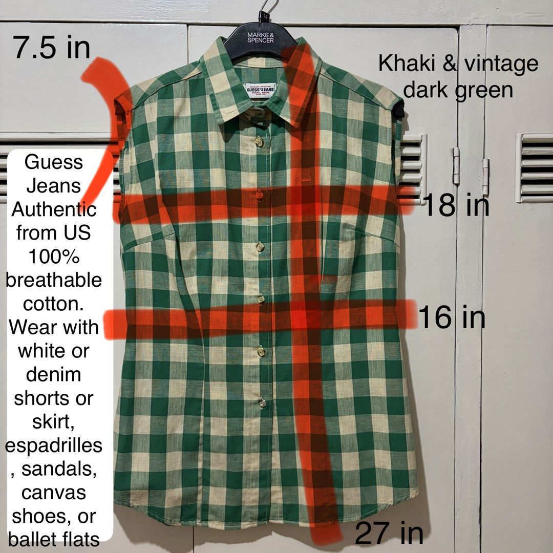 Guess Jeans Gingham Sleeveless Button-Down Shirt (Category: Sleeveless) located in Quezon City. Submitted by tflquezoncity (Listing ID 1469887607, Image 2). Description: ❤️ Authentic Guess Jeans 🇺🇸 ❤️ Fits S ❤️ Sleeveless button-down with khaki and vintage dark green gingham check ❤️ 100% breathable cotton ❤️ Subtle embroidered Guess logo on the chest ❤️ Styling Tip: Looks great with white/denim shorts, skirts, espadrilles, sandals, canvas shoe