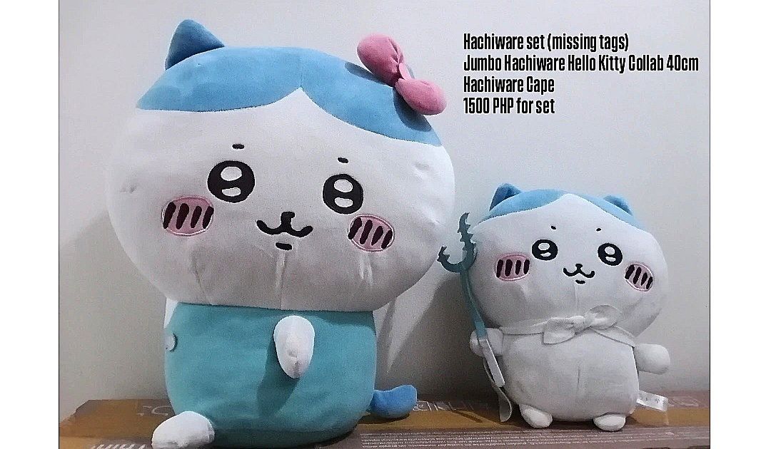 Hachiware Jumbo Hello Kitty Collab & Cape Plush Set (Category: Plushies & Soft Toys) located in Manila. Submitted by cyv072 (Listing ID 1469936720, Image 1). Description: - Set of 2 Hachiware plush toys for 1500 PHP - for seperate price, we can discuss via pm - Includes Jumbo 40cm Hachiware x Kitty collaboration plush (i can discuss the size in the pm if you want the actual with the meter tape) - Hachiware Cape plush has no tag mop: gcash/bank ps