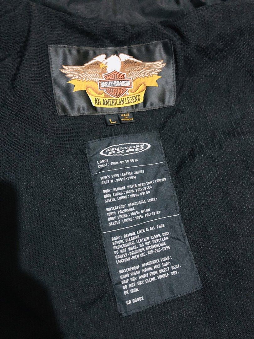 Harley-Davidson FXRG Men's Leather Jacket Black Size L (Category: Coats, Jackets and Outerwear) located in Manila. Submitted by gobvs222 (Listing ID 1469926858, Image 2). Description: - Brand: Harley-Davidson (FXRG Line) - Item: Men's Leather Jacket - Color: Black - Size: Large (Fits chest 42" to 45") - Material: Genuine water-resistant leather body; 100% polyester body lining; 100% nylon sleeve lining - Liner: Includes removable waterproof polya