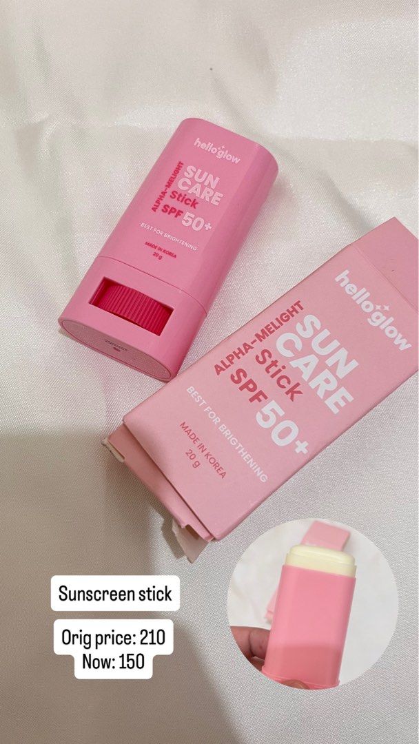 Hello Glow Alpha-Melight Sun Care Stick SPF 50+ (Category: Face Care) located in Caloocan City. Submitted by brdnkm26 (Listing ID 1469783862, Image 3). Description: - Brand/Product: Glow Alpha-Melight Sun Care Stick - SPF Rating: SPF 50+ - Net Weight: 20g - Origin: Made in Korea - Benefit: Brightening formula - Packaging: Pink twist-up tube with original box included - Condition: Tested once (like new).