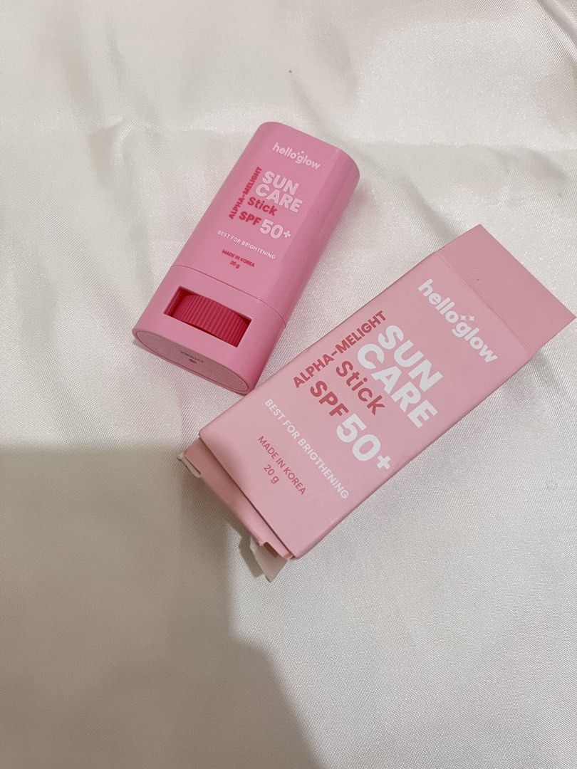 Hello Glow Alpha-Melight Sun Care Stick SPF 50+ (Category: Face Care) located in Caloocan City. Submitted by brdnkm26 (Listing ID 1469783862, Image 2). Description: - Brand/Product: Glow Alpha-Melight Sun Care Stick - SPF Rating: SPF 50+ - Net Weight: 20g - Origin: Made in Korea - Benefit: Brightening formula - Packaging: Pink twist-up tube with original box included - Condition: Tested once (like new).