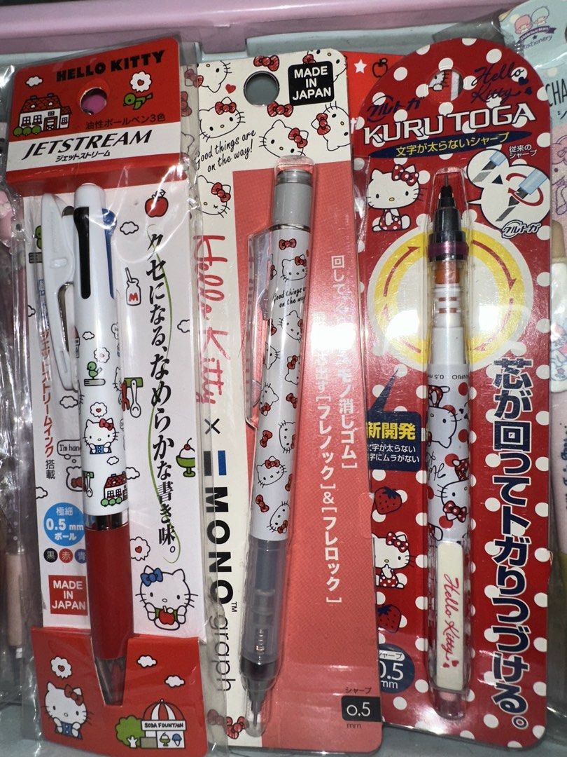 Hello Kitty Jetstream Mono Graph Kuru Toga Pens (Category: Stationery & School Supplies) located in Quezon City. Submitted by mitchapple88 (Listing ID 1469835783, Image 1). Description: - Authentic Sanrio Kitty stationery set directly imported from Japan - Brand new and unopened packaging, perfect for gifting or collection - Iconic white and red colorway with adorable Kitty prints - Includes Uni Jetstream 3-Color Ballpoint Pen (0.5mm) - Includes 