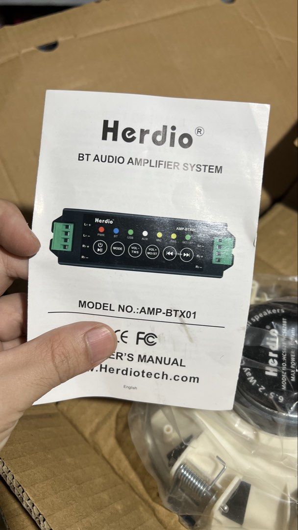 Herdio BT Audio Amplifier System & 6.5" Speakers AMP-BTX01 (Category: Soundbars, Speakers & Amplifiers) located in Quezon City. Submitted by johnmdv (Listing ID 1469889113, Image 1). Description: - Brand new and unopened Herdio Bluetooth audio system (Models: AMP-BTX01 & HCS628BT) - Includes 1x Bluetooth amplifier module and 2x 6.5-inch 2-way ceiling/wall speakers - Powerful 150W max power output with 8 ohms impedance and 50-20KHZ frequency respo