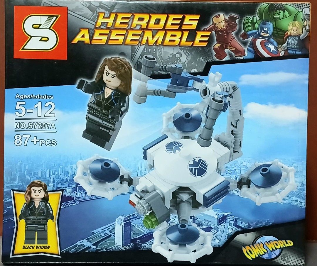 Heroes Assemble Black Widow SY207A Building Blocks (Category: Lego & Building Sets) located in Manila. Submitted by brunobeaut55620 (Listing ID 1469870811, Image 1). Description: - Brand new, unopened box packaging - Model NO. SY207A from Heroes Assemble - Includes 87+ building pieces to create the S.H.I.E.L.D. drone vehicle - Comes with an exclusive Black Widow minifigure - Features build instructions and alternate display stand setup on the box