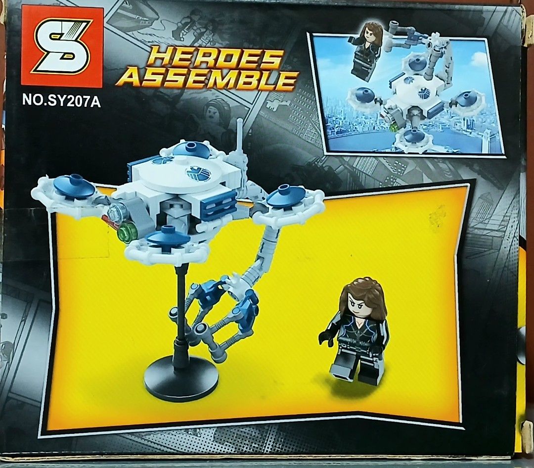 Heroes Assemble Black Widow SY207A Building Blocks (Category: Lego & Building Sets) located in Manila. Submitted by brunobeaut55620 (Listing ID 1469870811, Image 2). Description: - Brand new, unopened box packaging - Model NO. SY207A from Heroes Assemble - Includes 87+ building pieces to create the S.H.I.E.L.D. drone vehicle - Comes with an exclusive Black Widow minifigure - Features build instructions and alternate display stand setup on the box