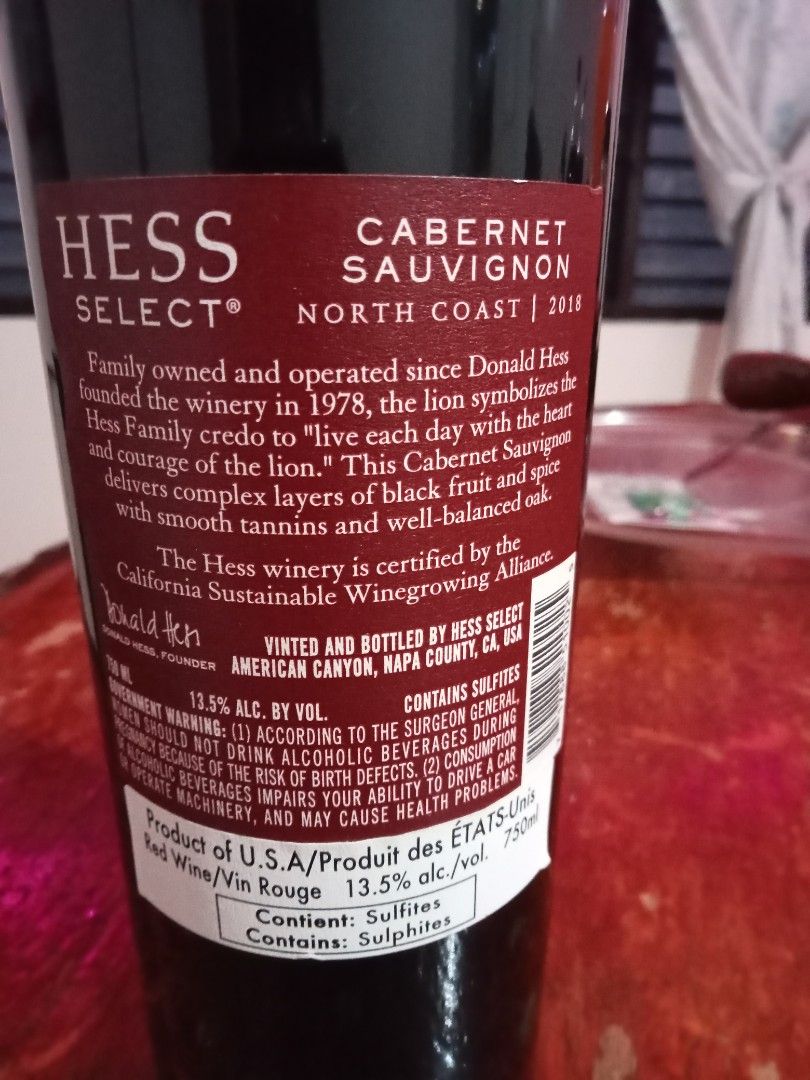 Hess Select Cabernet Sauvignon North Coast 2018 Wine Bottle (Category: Beverages) located in Cebu City. Submitted by cleverwind.221754 (Listing ID 1469934502, Image 3). Description: Selling Hess Select Cabernet Sauvignon wine. Imported from US. For pick-up or delivery. Buyer will pay for shipping fees if for delivery. Location: Near San Carlos South Campus, CTS/CCMC. Check out also our other items: https://garage-sale.pages.dev.