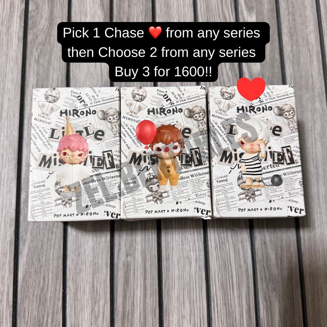 Hirono Bundle Set - 3 for 1600! (Category: Designer & Blind Box Toys) located in Caloocan City. Submitted by zel.bentables (Listing ID 1469930767, Image 3). Description: Pick 1 from any series then choose 2 from any series. Buy 3 for 1600!!.