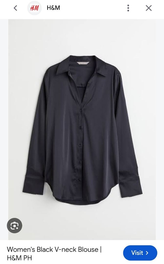 H&M Black V-Neck Blouse (Category: Blouses) located in Manila. Submitted by katkween23 (Listing ID 1469765611, Image 1). Description: - Brand: H&M - Color: Classic Black - Material: Smooth satin fabric - Design: V-neck with pointed collar, front button closure, and long sleeves with wide cuffs - Hemline: Rounded and slightly longer in the back - Style: Versatile staple for office wear or casual outings - Condition: Great shape, clean, and ready t