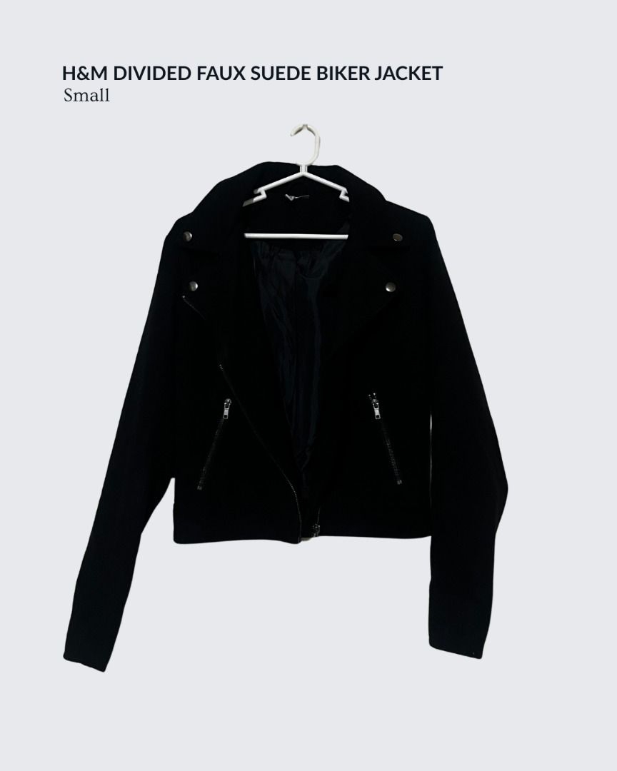 H&M Divided Faux Suede Biker Jacket Small (Category: Coats, Jackets and Outerwear) located in Baguio. Submitted by dragonflythrifts (Listing ID 1469935459, Image 1). Description: - Brand: H&M Divided - Size: Small - Material: Soft black faux suede with smooth inner lining - Closure: Asymmetric front zip - Details: Notched lapels with snap buttons and zipped side pockets .