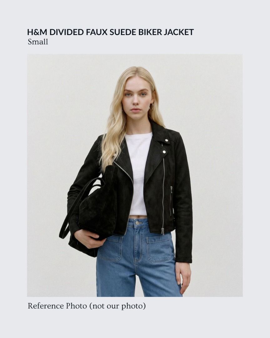 H&M Divided Faux Suede Biker Jacket Small (Category: Coats, Jackets and Outerwear) located in Baguio. Submitted by dragonflythrifts (Listing ID 1469935459, Image 2). Description: - Brand: H&M Divided - Size: Small - Material: Soft black faux suede with smooth inner lining - Closure: Asymmetric front zip - Details: Notched lapels with snap buttons and zipped side pockets .