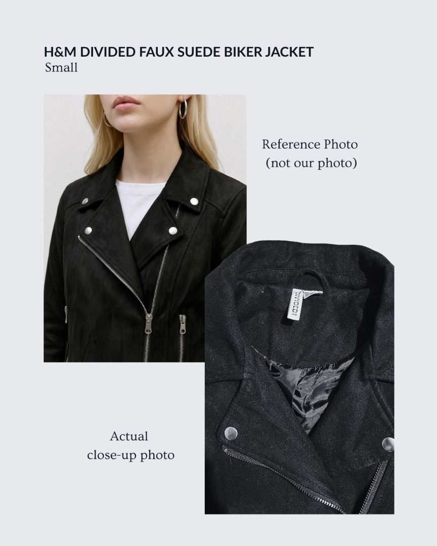 H&M Divided Faux Suede Biker Jacket Small (Category: Coats, Jackets and Outerwear) located in Baguio. Submitted by dragonflythrifts (Listing ID 1469935459, Image 3). Description: - Brand: H&M Divided - Size: Small - Material: Soft black faux suede with smooth inner lining - Closure: Asymmetric front zip - Details: Notched lapels with snap buttons and zipped side pockets .