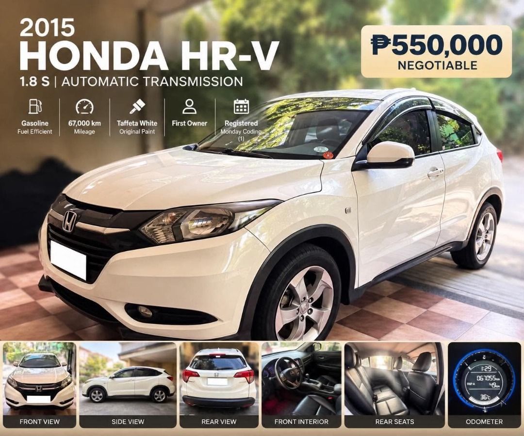 Honda HR-V Auto (Category: Used Cars) located in Paranaque City. Submitted by ctprime (Listing ID 1469782773, Image 1). Description: FOR SALE: 2015 HONDA HR-V 1.8 S A/T Vehicle Details: * Model: 2015 Honda HR-V 1.8 S * Transmission: Automatic CVT * Color: Taffeta White (Original Paint) * Fuel Type: Gasoline * Mileage: 67,000 km * Ownership: First Owner * Registration: Registered * Coding: Monday (1) ✅ Very well-maintained ✅ All features and compo