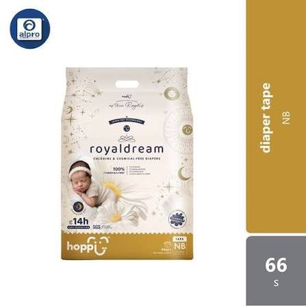 Hoppi Royaldream Diaper Tape NB 66pcs (Category: Diapers & Baby Wipes) located in Manila. Submitted by happycloset_08 (Listing ID 1469889456, Image 1). Description: - Brand: Hoppi Royaldream - Size: Newborn (NB) - Quantity: 66 pcs - Condition: Brand new, sealed, and unopened packaging.