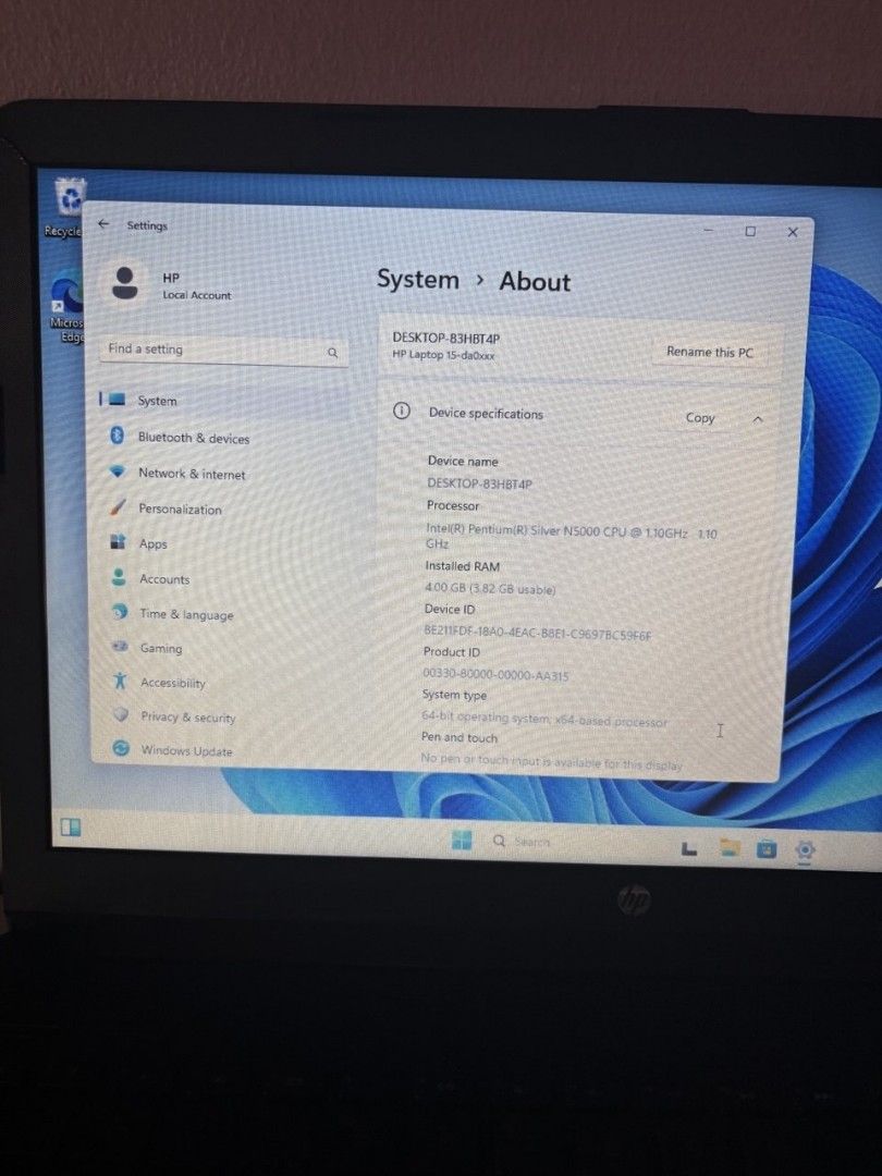 HP Windows 11 Pro Laptop SSD + HDD (Category: Laptops & Notebooks) located in Quezon City. Submitted by bonkarlooo (Listing ID 1469871272, Image 2). Description: PAKIBASA PO MUNA BAGO MAGTANONG Selling for P3000 Only Bawal sa Maselan 2nd hand po ito Minor Issue Bigla nawawala charging pero bumabalik agad possible problem sa charger. Best for Students / Typing Documents / Browsing HP 15.6 inch Laptop (TP) Intel N5000 8th Gen 4Gb Ram (Optional upgr