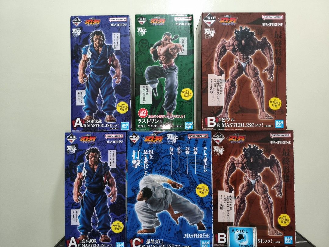 Ichiban Kuji Baki Hanma Masterlise Figures Bundle Set (Category: Figurines & Statues) located in Pasig City. Submitted by arielrus. (Listing ID 1469904730, Image 1). Description: - Authentic Bandai Spirits Ichiban Kuji figures from Japan - Available Prizes: Musashi Miyamoto (A), Retsu Kaioh (Last One), Pickle (B), Orochi Katsumi (C) - Multiple boxes available in stock - Perfect addition to any Baki collection - 100% original and brand new - Fast 