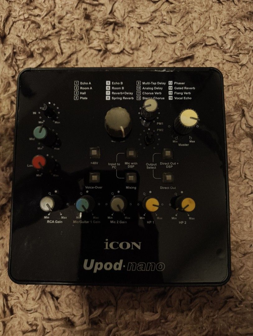 ICON Upod Nano USB Audio Interface (Category: Portable Audio Accessories) located in Rizal. Submitted by norkizz92 (Listing ID 1469865239, Image 1). Description: ICON Upod Nano audio interface. Compact USB unit with built-in DSP effects and multiple gain controls. Has inputs for microphones, guitars, and RCA sources. Dual headphone outputs with independent volume pots. Front panel layout includes +48V phantom power switch and routing buttons. Bla