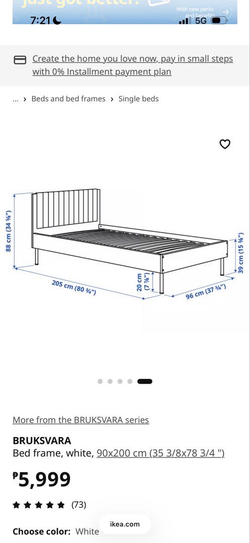 IKEA Bed Frame White Single (Category: Bed Frames & Mattresses) located in Quezon City. Submitted by keenflower_35e25a (Listing ID 1469819441, Image 3). Description: - IKEA BRUKSVARA single bed frame in white - Dimensions: 90x200 cm (fits standard single mattresses) - Clean, minimalist design featuring a stylish tall headboard - Includes sturdy wooden slats for solid mattress support - Neutral white finish that matches any room setup - Fulfillmen