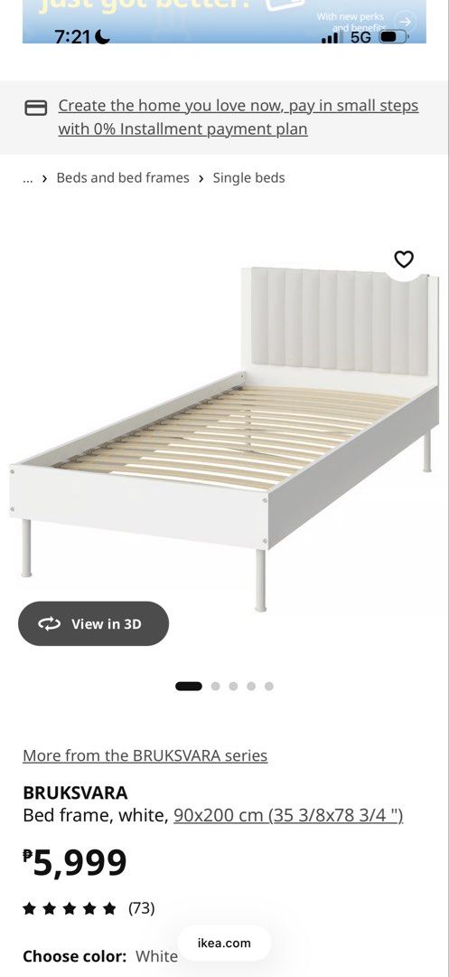 IKEA Bed Frame White Single (Category: Bed Frames & Mattresses) located in Quezon City. Submitted by keenflower_35e25a (Listing ID 1469819441, Image 2). Description: - IKEA BRUKSVARA single bed frame in white - Dimensions: 90x200 cm (fits standard single mattresses) - Clean, minimalist design featuring a stylish tall headboard - Includes sturdy wooden slats for solid mattress support - Neutral white finish that matches any room setup - Fulfillmen
