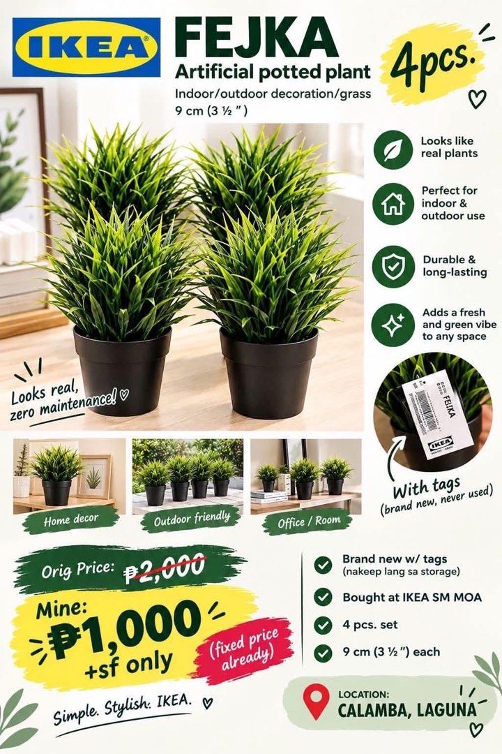 IKEA FEJKA Artificial Potted Plant 4pcs Set 9cm (Category: Artificial Plants & Flowers) located in Calamba. Submitted by wildcrystal.d61f6a (Listing ID 1469872379, Image 1). Description: - Item: Set of 4 IKEA FEJKA artificial potted plants - Size: 9 cm pot size each - Condition: Brand new, never used, original tags attached - Provenance: Bought from IKEA SM MOA, stored safely - Usage: Suitable for indoor or outdoor decoration - Selling: As a comp