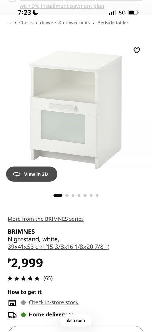 IKEA Nightstand White (Category: Shelves, Cabinets & Racks) located in Quezon City. Submitted by keenflower_35e25a (Listing ID 1469819880, Image 3). Description: - Authentic IKEA BRIMNES white nightstand - Dimensions: 39x41x53 cm - Features a convenient open top compartment and one lower drawer - Stylish frosted glass panel insert on the drawer - Clean, modern design that fits any bedroom setup.