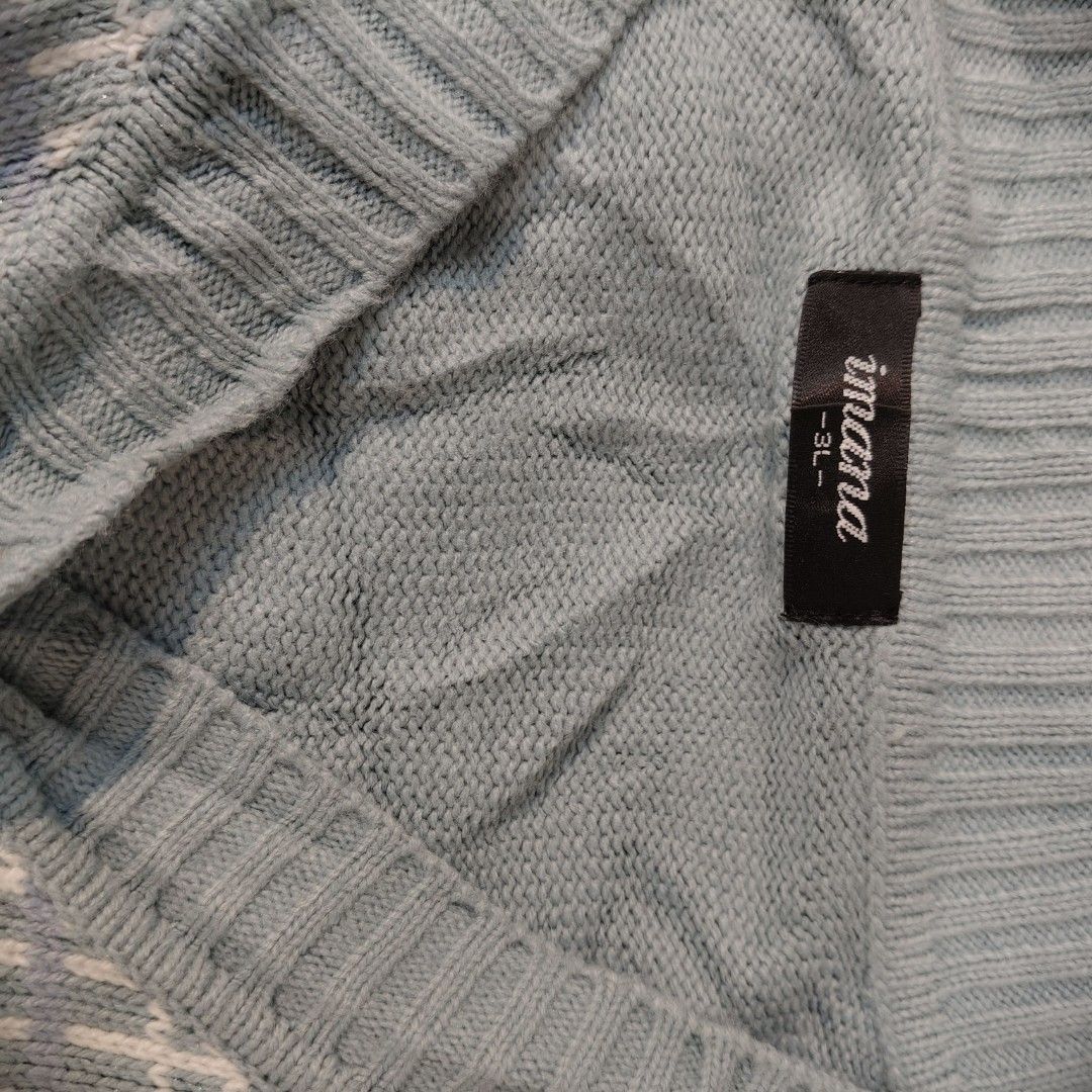 Imana Pastel Blue Patterned V-Neck Knit Sweater Freesize EUC (Category: Longsleeves) located in Bulacan. Submitted by alyssarys (Listing ID 1469933347, Image 3). Description: - Brand/Model: Imana knit sweater - Color: Pastel blue - Design: Detailed front pattern, V-neckline, single button collar detail, long sleeves - Fit: Relaxed fit, tagged 3L (fits as freesize) - Material: Light fabric, great for layering - Condition: Clean and well kept.