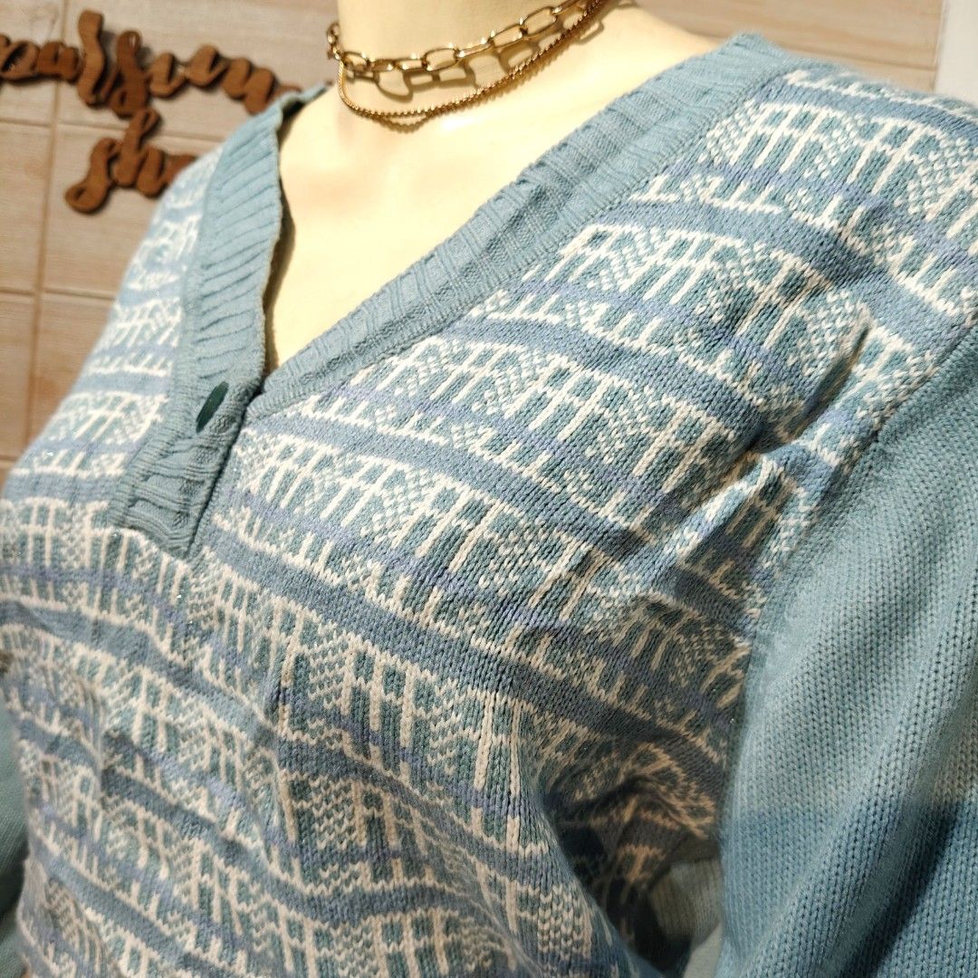 Imana Pastel Blue Patterned V-Neck Knit Sweater Freesize EUC (Category: Longsleeves) located in Bulacan. Submitted by alyssarys (Listing ID 1469933347, Image 2). Description: - Brand/Model: Imana knit sweater - Color: Pastel blue - Design: Detailed front pattern, V-neckline, single button collar detail, long sleeves - Fit: Relaxed fit, tagged 3L (fits as freesize) - Material: Light fabric, great for layering - Condition: Clean and well kept.
