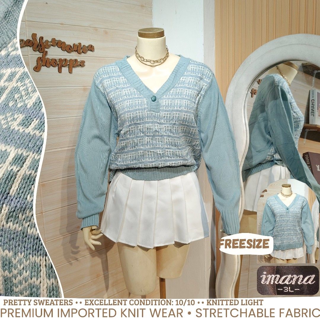 Imana Pastel Blue Patterned V-Neck Knit Sweater Freesize EUC (Category: Longsleeves) located in Bulacan. Submitted by alyssarys (Listing ID 1469933347, Image 1). Description: - Brand/Model: Imana knit sweater - Color: Pastel blue - Design: Detailed front pattern, V-neckline, single button collar detail, long sleeves - Fit: Relaxed fit, tagged 3L (fits as freesize) - Material: Light fabric, great for layering - Condition: Clean and well kept.