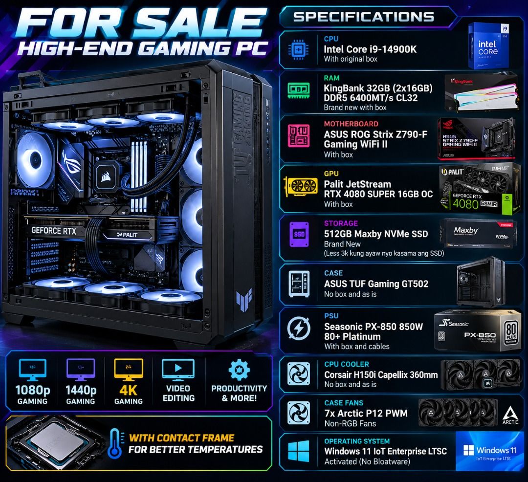 Intel i9-14900K RTX 4080super High-End Gaming PC (Category: Desktops) located in Caloocan City. Submitted by mightywater_41474b (Listing ID 1469766142, Image 1). Description: Location: Batangas Call And Text 09176830136 For Faster Reply 🔥🖥️ FOR SALE: HIGH-END GAMING / PRODUCTIVITY PC 🎮🔥 📢 RFS: Nakapag-upgrade na! 😎 Kung hindi mabili, okay lang din. No rush selling! 💯 ❌ PASS SA JOY BUYERS! Serious buyers only! 🤝 🕘 AVAILABILITY: 📅 Monday 