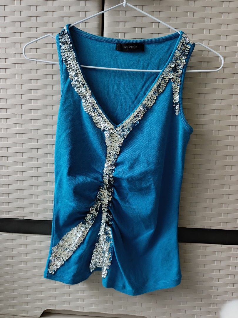 Interplanet Blue Sequined Tank Top (Category: Sleeveless) located in Cabanatuan. Submitted by lyxyx (Listing ID 1469900343, Image 1). Description: - Brand: Interplanet - Color: Bright blue with sparkling silver sequins - Style: Sleeveless V-neck tank top with ribbed knit material and slight ruching - Vibe: Authentic Y2K fashion, perfect for parties and nights out - Condition: Excellent pre-loved condition - Shipping: Ships fast from the Philippin