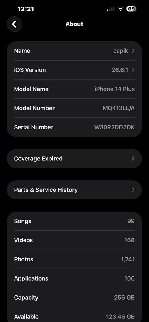 Iphone 14plus (Category: iPhone 14 Series) located in Mersing. Submitted by syafiqrullah_06 (Listing ID 1469775652, Image 1). Description: iphone 14plus LL SET.256GB. No face id Lain semua function. BH87% RM1200 nego on pm 0195004909.
